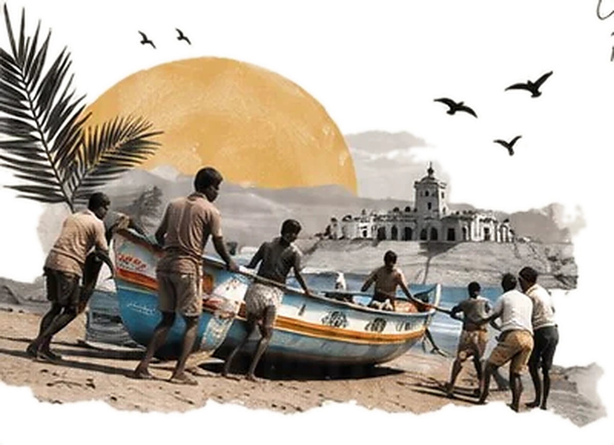 Fishermen pulling a boat ashore