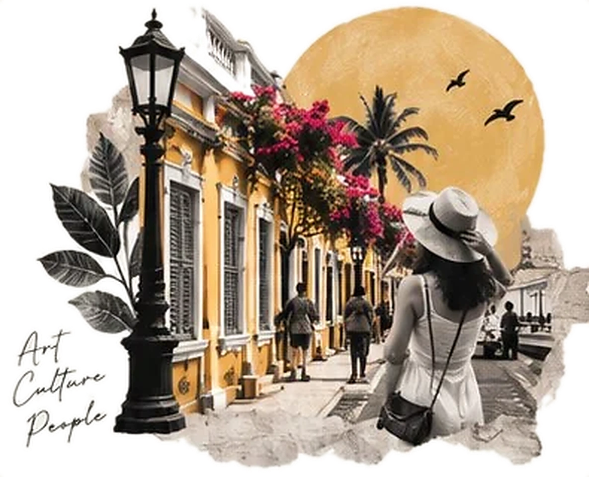Heritage street with lamp post and bougainvillea