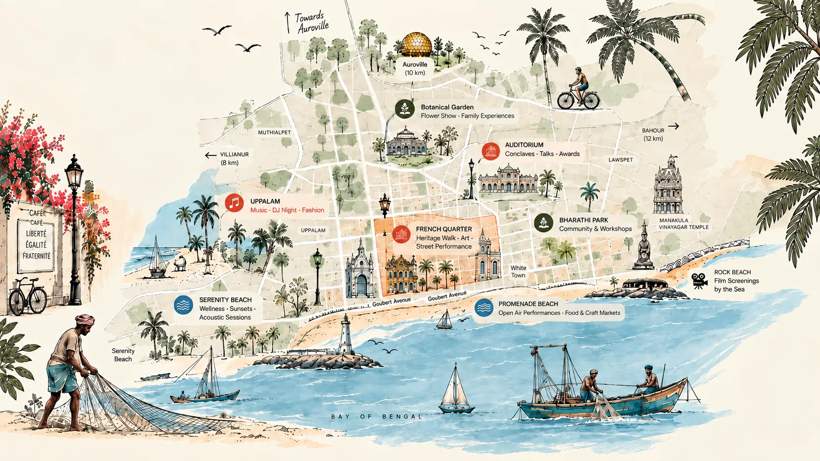 Illustrated map showing Pondy Melange venues