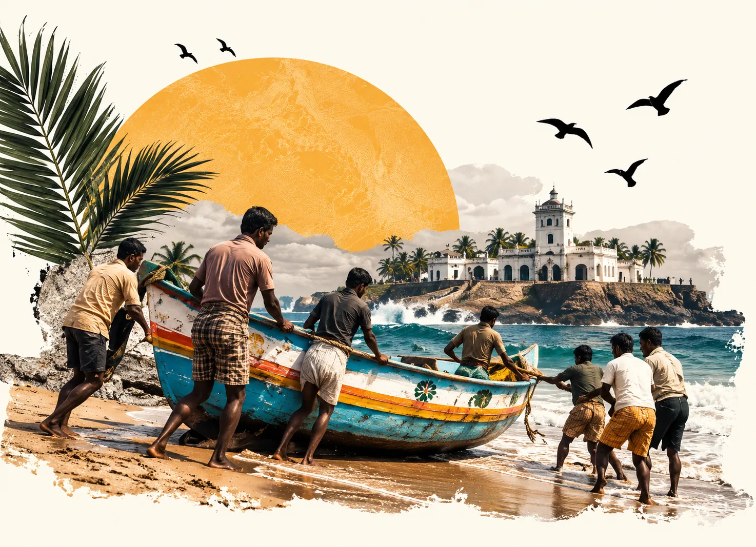 Fishermen pulling a boat ashore